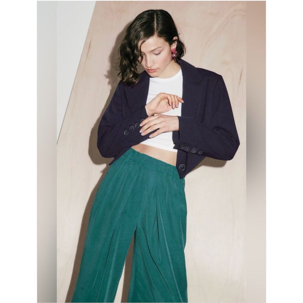 We The Free People Block Party Blazer Navy Cropped Jacket Sz L Cool Girl Chic